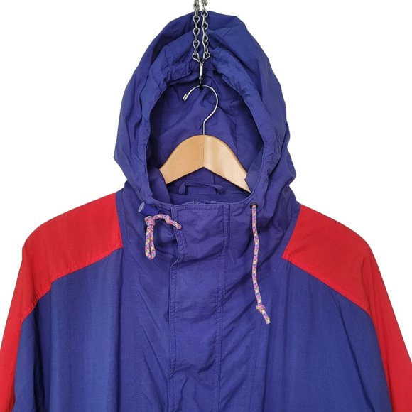 Vintage 90s Eddie Bauer Windbreaker Blue Colorblock Hooded Jacket XL - Picture 12 of 12